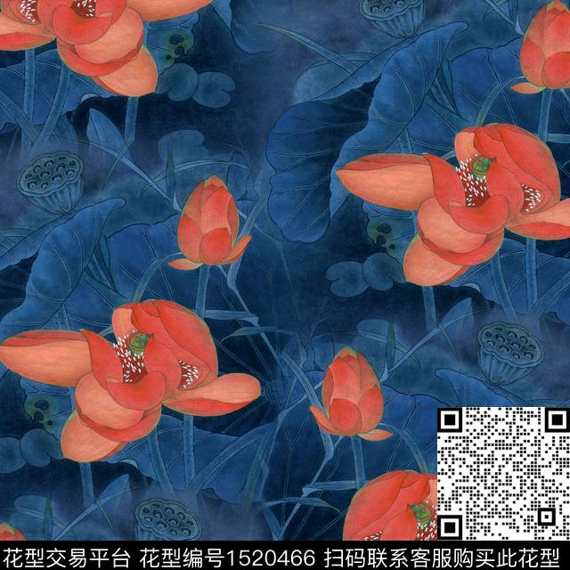 荷花中老年国画数码印花华亿平台下载（图片编号: 1520466） - 瓦栏（Walan）