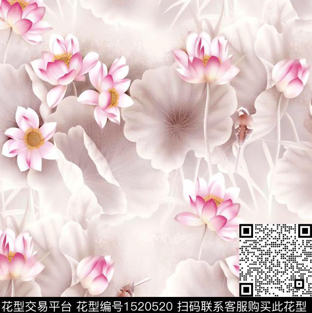 荷花国画中国风数码印花华亿平台下载（图片编号: 1520520） - 瓦栏（Walan）