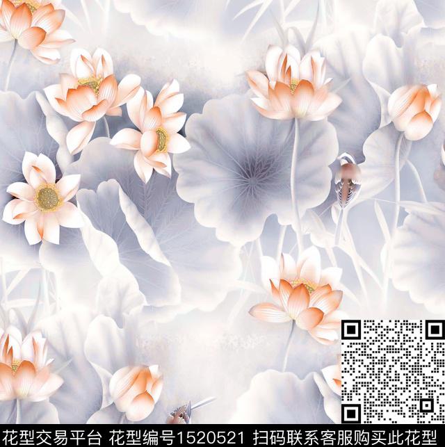 荷花国画中国风数码印花华亿平台下载（图片编号: 1520521） - 瓦栏（Walan）