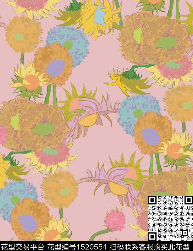 向日葵年轻女性蜡笔画数码印花华亿平台下载（图片编号: 1520554） - 瓦栏（Walan）