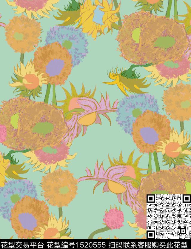 向日葵年轻女性水仙花数码印花华亿平台下载（图片编号: 1520555） - 瓦栏（Walan）