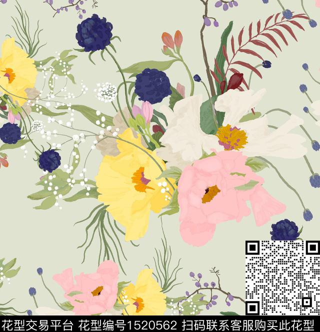 年轻女性插画花卉甜美风数码印花华亿平台下载（图片编号: 1520562） - 瓦栏（Walan）