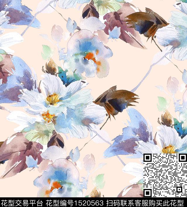 年轻女性水彩花卉大花数码印花华亿平台下载（图片编号: 1520563） - 瓦栏（Walan）