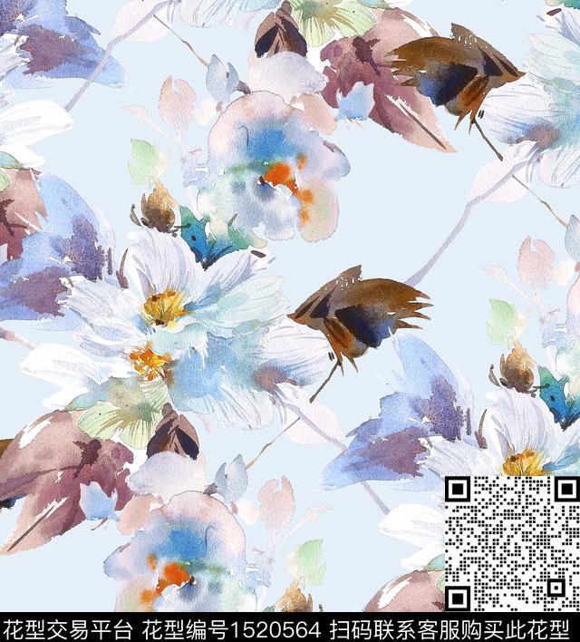 年轻女性水彩花卉大花数码印花华亿平台下载（图片编号: 1520564） - 瓦栏（Walan）