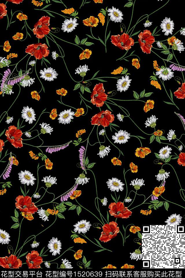 黑底花卉花卉小碎花数码印花华亿平台下载（图片编号: 1520639） - 瓦栏（Walan）