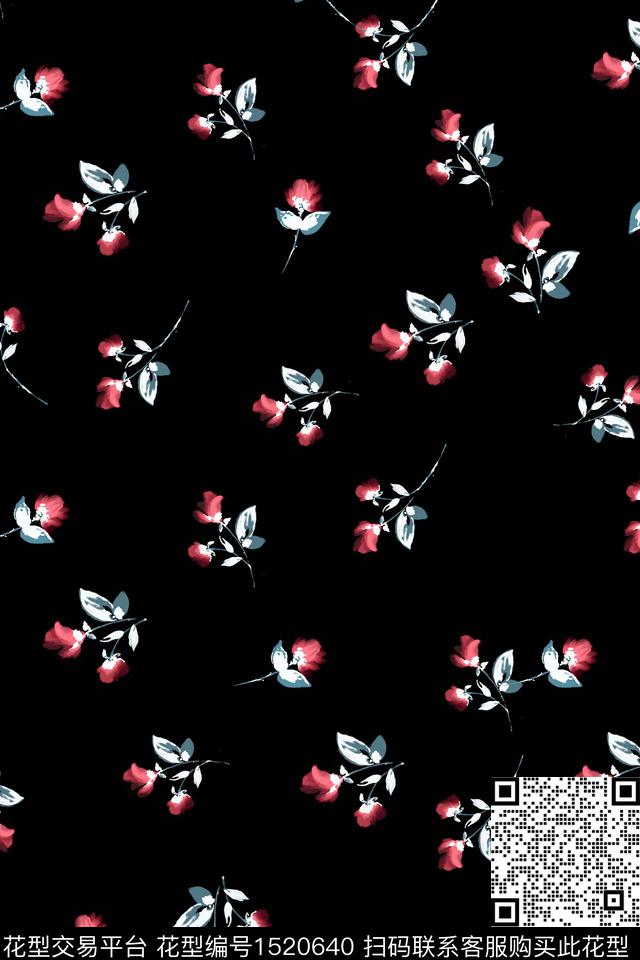 黑底花卉花卉小碎花数码印花华亿平台下载（图片编号: 1520640） - 瓦栏（Walan）