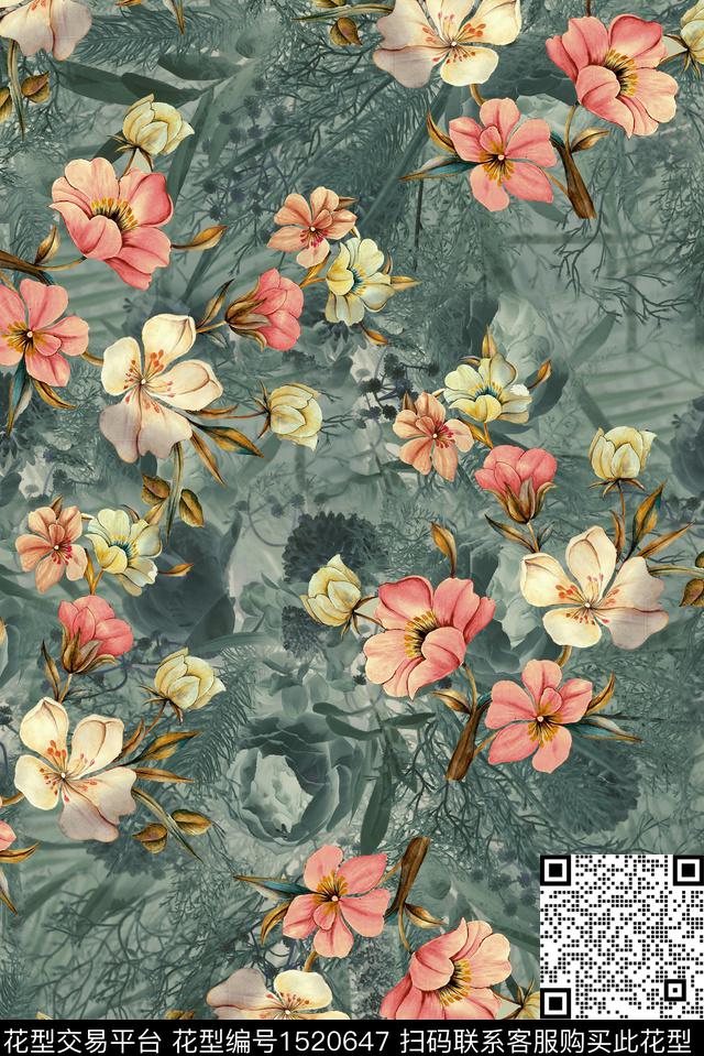 花卉香云纱中国风数码印花华亿平台下载（图片编号: 1520647） - 瓦栏（Walan）