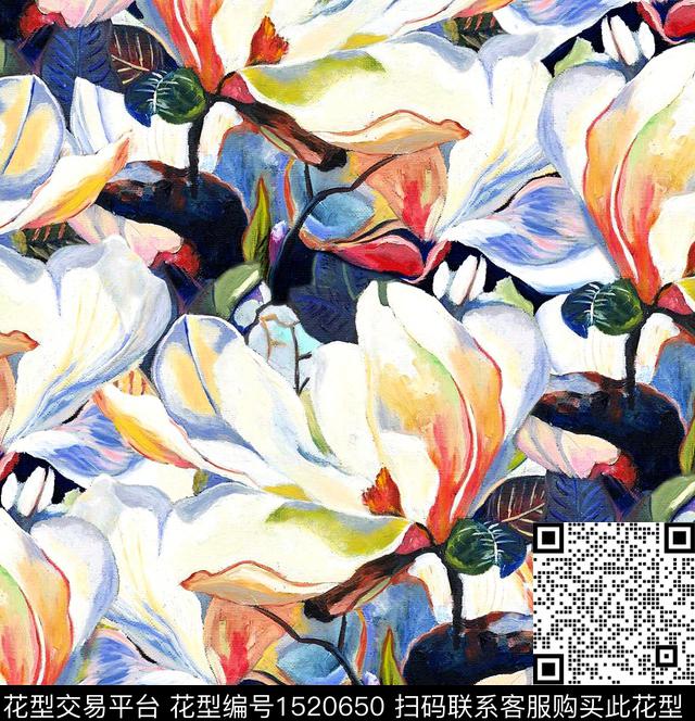 手绘大花玉兰花年轻女性数码印花华亿平台下载（图片编号: 1520650） - 瓦栏（Walan）