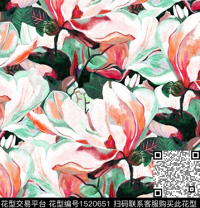 牡丹手绘大花玉兰花数码印花华亿平台下载（图片编号: 1520651） - 瓦栏（Walan）