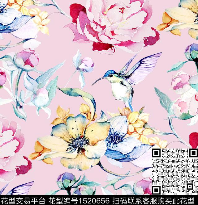 牡丹手绘大花清爽底花卉数码印花华亿平台下载（图片编号: 1520656） - 瓦栏（Walan）