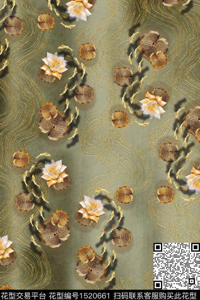 荷花花卉香云纱数码印花华亿平台下载（图片编号: 1520661） - 瓦栏（Walan）