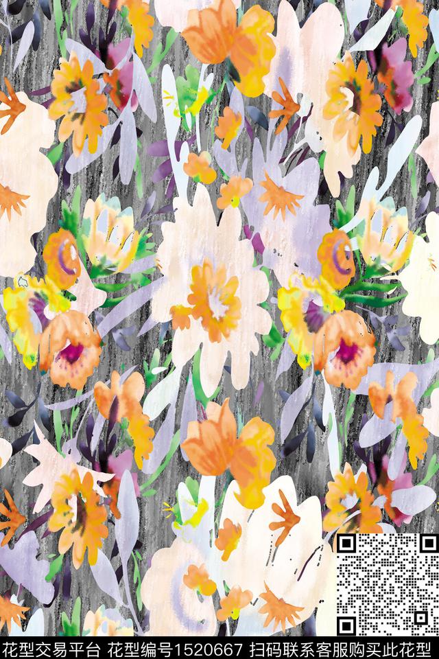 抽象花卉春夏华亿平台水彩手绘花数码印花华亿平台下载（图片编号: 1520667） - 瓦栏（Walan）
