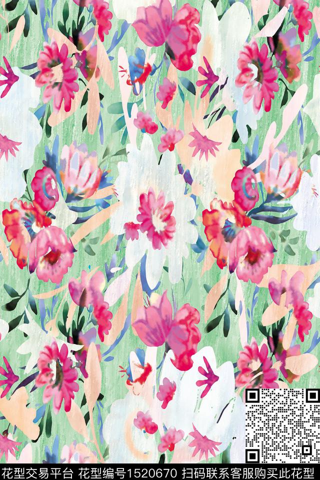 抽象花卉春夏华亿平台水彩手绘花数码印花华亿平台下载（图片编号: 1520670） - 瓦栏（Walan）