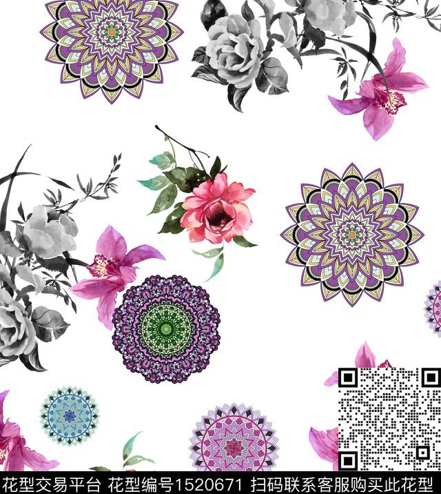 水彩花卉民族风数码印花华亿平台下载（图片编号: 1520671） - 瓦栏（Walan）