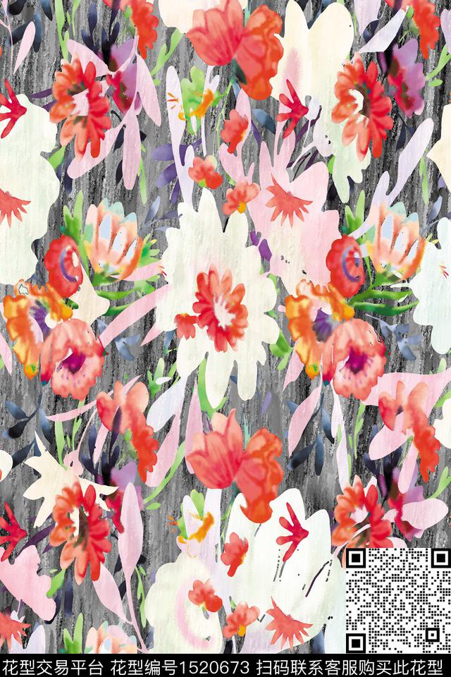 抽象花卉春夏华亿平台水彩手绘花数码印花华亿平台下载（图片编号: 1520673） - 瓦栏（Walan）