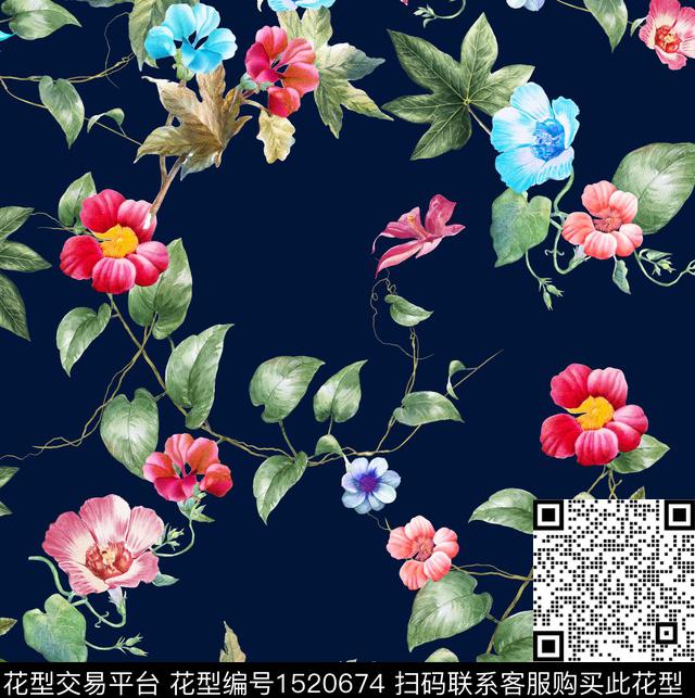 水彩花卉老蓝底数码印花华亿平台下载（图片编号: 1520674） - 瓦栏（Walan）