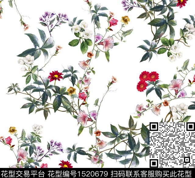 水彩花卉白底花数码印花华亿平台下载（图片编号: 1520679） - 瓦栏（Walan）