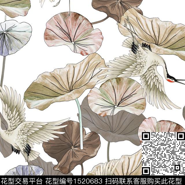 荷花鸟白底花数码印花华亿平台下载（图片编号: 1520683） - 瓦栏（Walan）