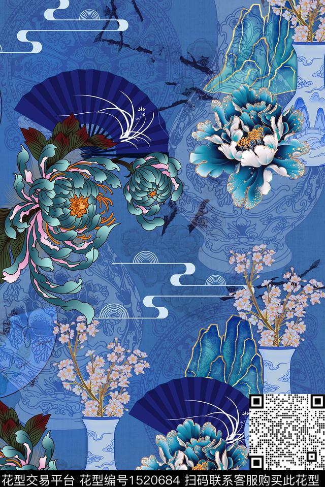 扇子复古花卉数码印花华亿平台下载（图片编号: 1520684） - 瓦栏（Walan）