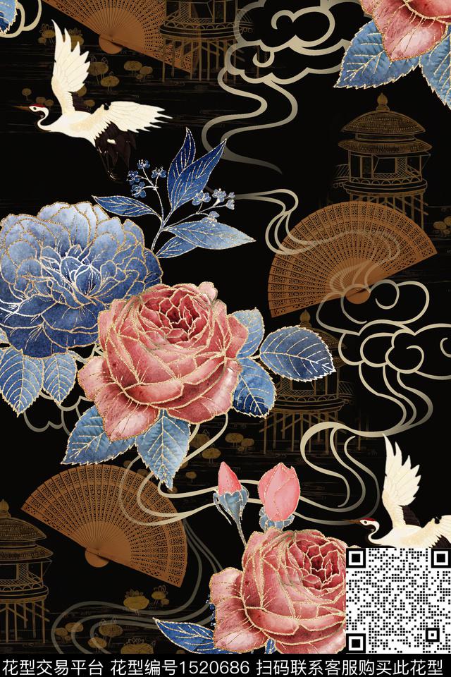 扇子复古花卉数码印花华亿平台下载（图片编号: 1520686） - 瓦栏（Walan）