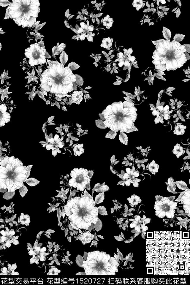 黑底花卉花卉真丝数码印花华亿平台下载（图片编号: 1520727） - 瓦栏（Walan）