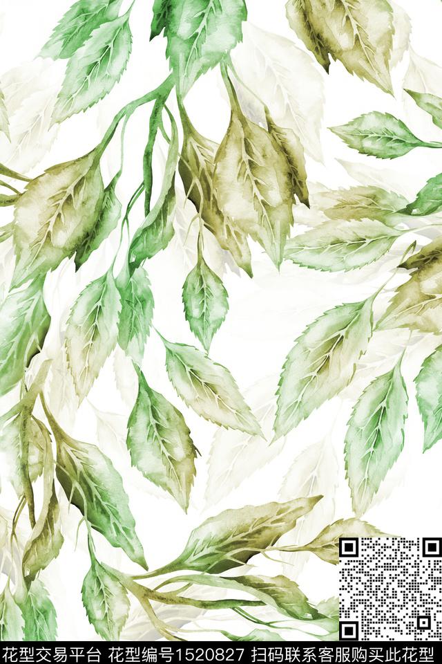 小清新水彩绿植树叶数码印花华亿平台下载（图片编号: 1520827） - 瓦栏（Walan）
