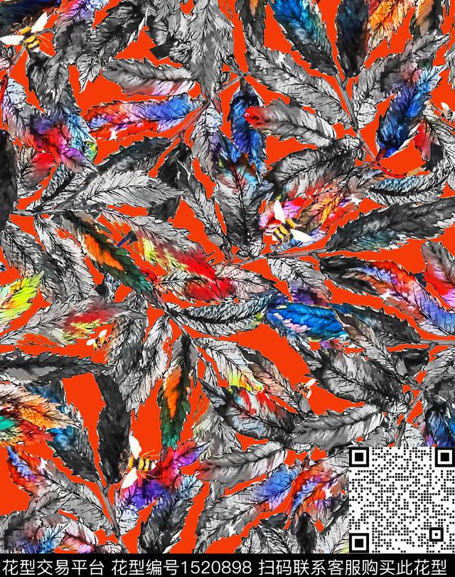 花卉蝴蝶叶子蜜蜂叶子印花数码印花华亿平台下载（图片编号: 1520898） - 瓦栏（Walan）