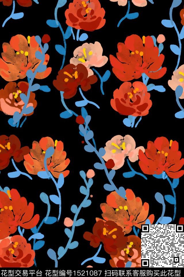 黑底花卉花卉大牌风数码印花华亿平台下载（图片编号: 1521087） - 瓦栏（Walan）
