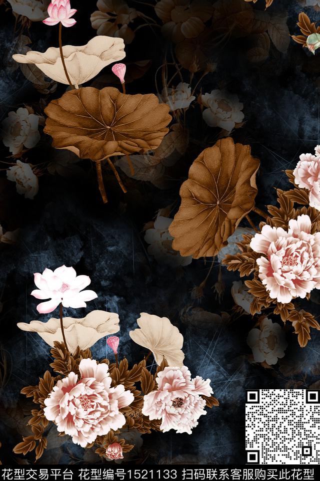 彩底花卉复古花卉数码印花华亿平台下载（图片编号: 1521133） - 瓦栏（Walan）