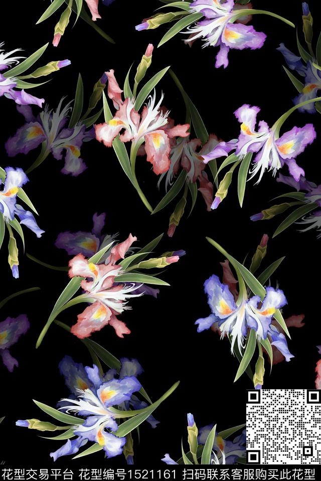 黑底花卉花卉大牌风数码印花华亿平台下载（图片编号: 1521161） - 瓦栏（Walan）
