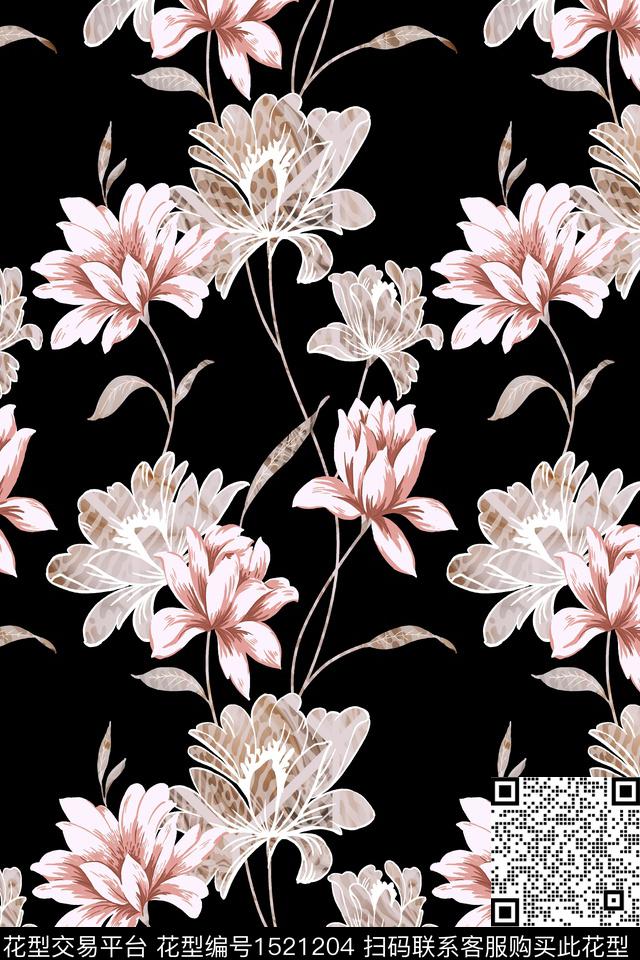 黑底花卉花卉大牌风数码印花华亿平台下载（图片编号: 1521204） - 瓦栏（Walan）
