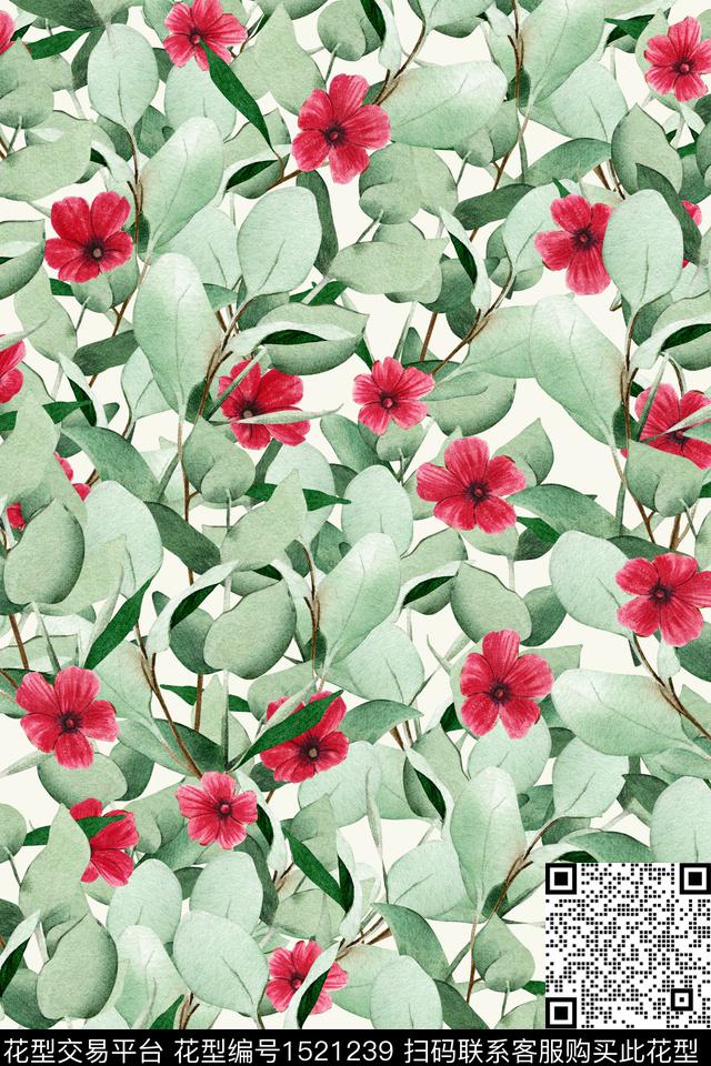 绿植树叶小清新花卉数码印花华亿平台下载（图片编号: 1521239） - 瓦栏（Walan）