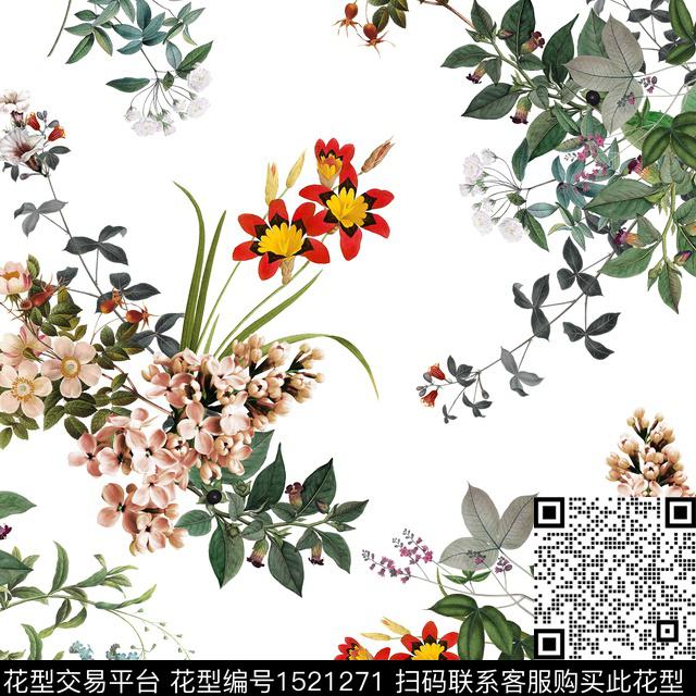 复古花卉白底花数码印花华亿平台下载（图片编号: 1521271） - 瓦栏（Walan）
