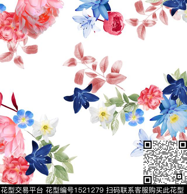 花卉清爽白底花数码印花华亿平台下载（图片编号: 1521279） - 瓦栏（Walan）