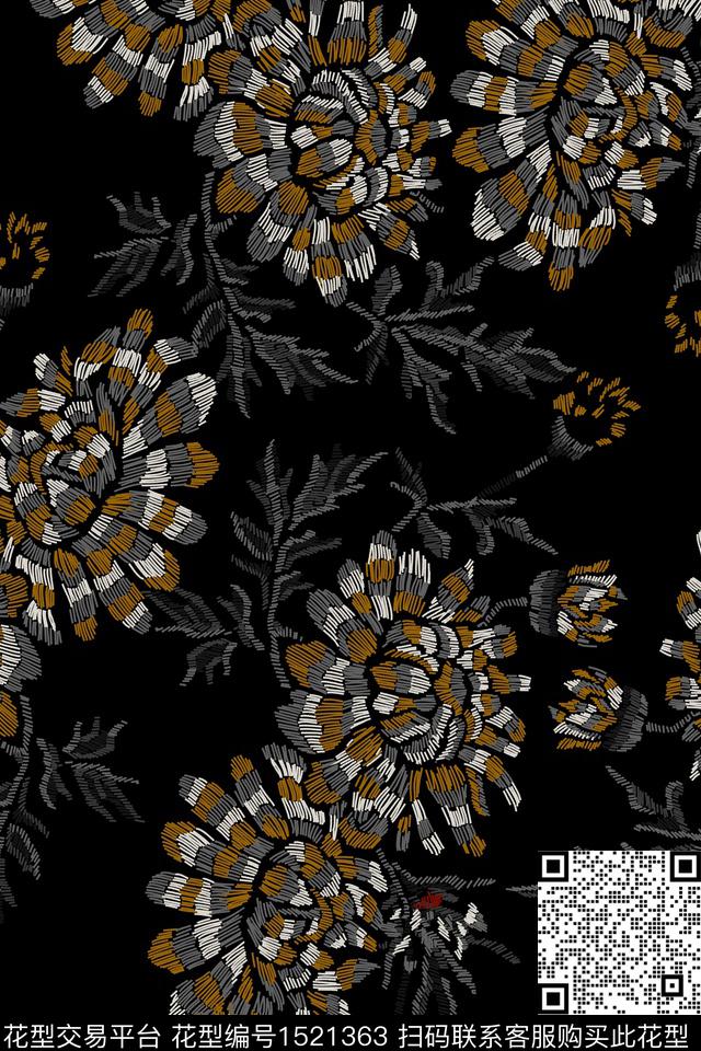 黑底花卉复古仿绣花数码印花华亿平台下载（图片编号: 1521363） - 瓦栏（Walan）