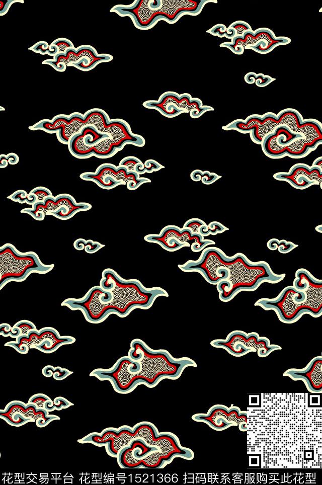 祥云真丝中国风数码印花华亿平台下载（图片编号: 1521366） - 瓦栏（Walan）