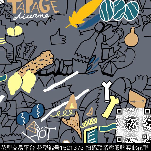 线条字母趣味传统印花华亿平台下载（图片编号: 1521373） - 瓦栏（Walan）