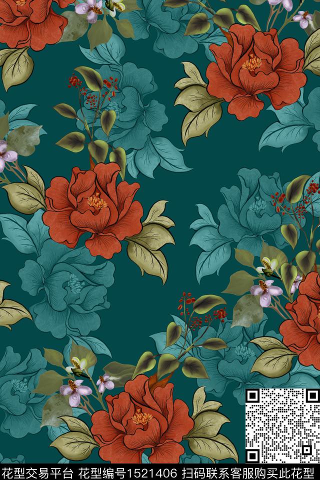 绿植树叶花卉大牌风数码印花华亿平台下载（图片编号: 1521406） - 瓦栏（Walan）