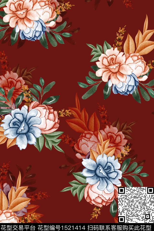 花卉大牌风中国风数码印花华亿平台下载（图片编号: 1521414） - 瓦栏（Walan）