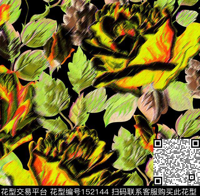 黑色底纹背景抽象花卉平面数码印花华亿平台下载（图片编号: 152144） - 瓦栏（Walan）