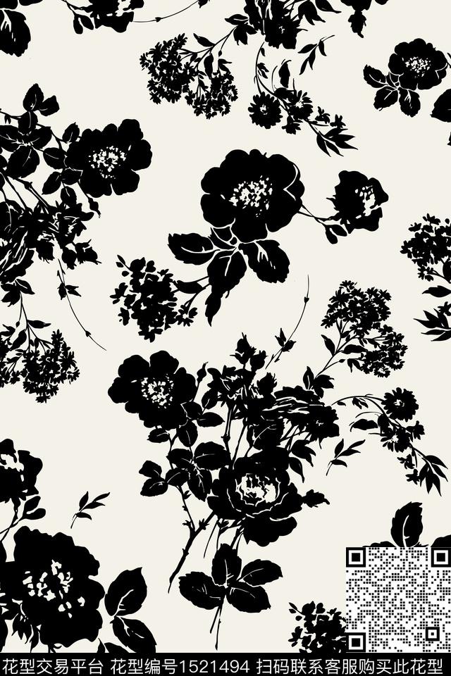 黑白华亿平台清爽底花卉花卉传统印花华亿平台下载（图片编号: 1521494） - 瓦栏（Walan）
