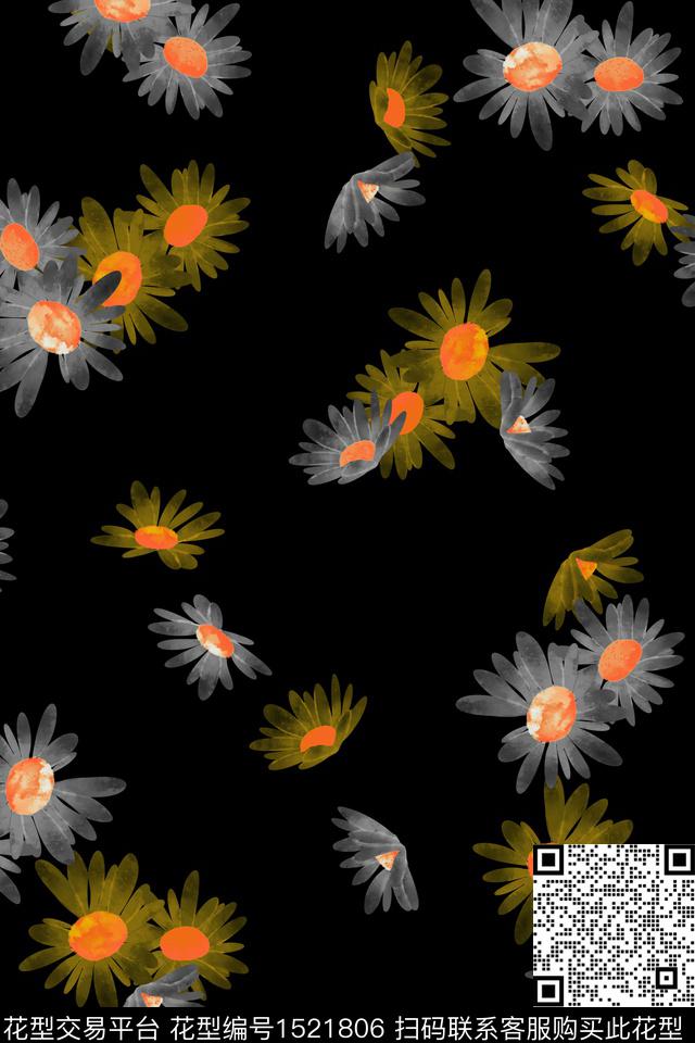 黑底花卉花卉大牌风数码印花华亿平台下载（图片编号: 1521806） - 瓦栏（Walan）