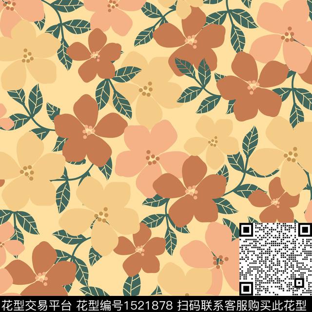 复古花卉绿植树叶数码印花华亿平台下载（图片编号: 1521878） - 瓦栏（Walan）