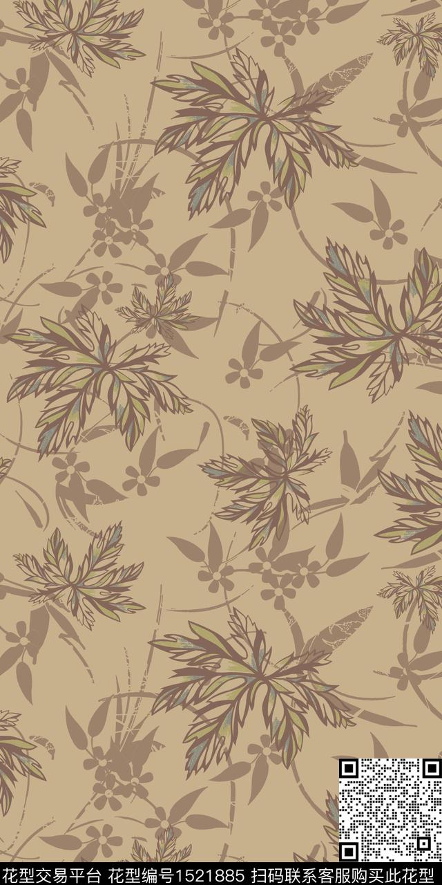 复古绿植树叶清爽底花卉数码印花华亿平台下载（图片编号: 1521885） - 瓦栏（Walan）