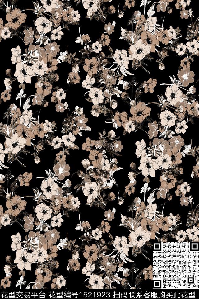 黑底花卉大牌风小碎花数码印花华亿平台下载（图片编号: 1521923） - 瓦栏（Walan）