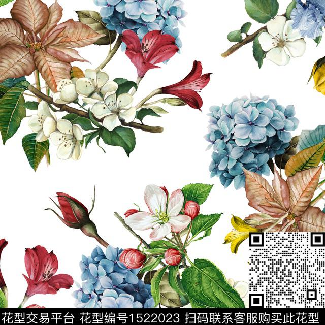 水彩复古花卉数码印花华亿平台下载（图片编号: 1522023） - 瓦栏（Walan）