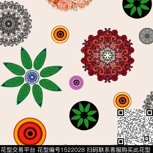 几何民族花卉米色底传统印花华亿平台下载（图片编号: 1522028） - 瓦栏（Walan）