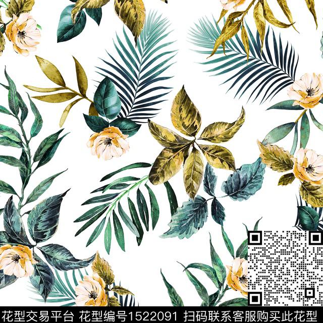 水彩花卉白底花数码印花华亿平台下载（图片编号: 1522091） - 瓦栏（Walan）