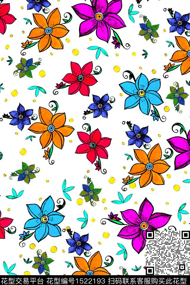 满版散花春夏华亿平台手绘花卉数码印花华亿平台下载（图片编号: 1522193） - 瓦栏（Walan）