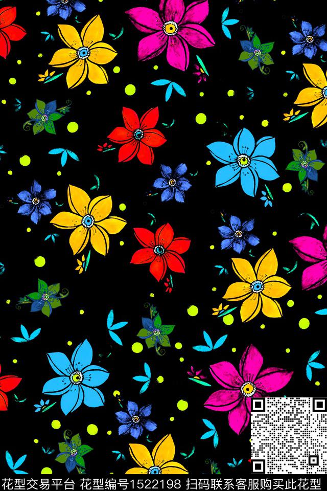 满版散花春夏华亿平台手绘花卉数码印花华亿平台下载（图片编号: 1522198） - 瓦栏（Walan）